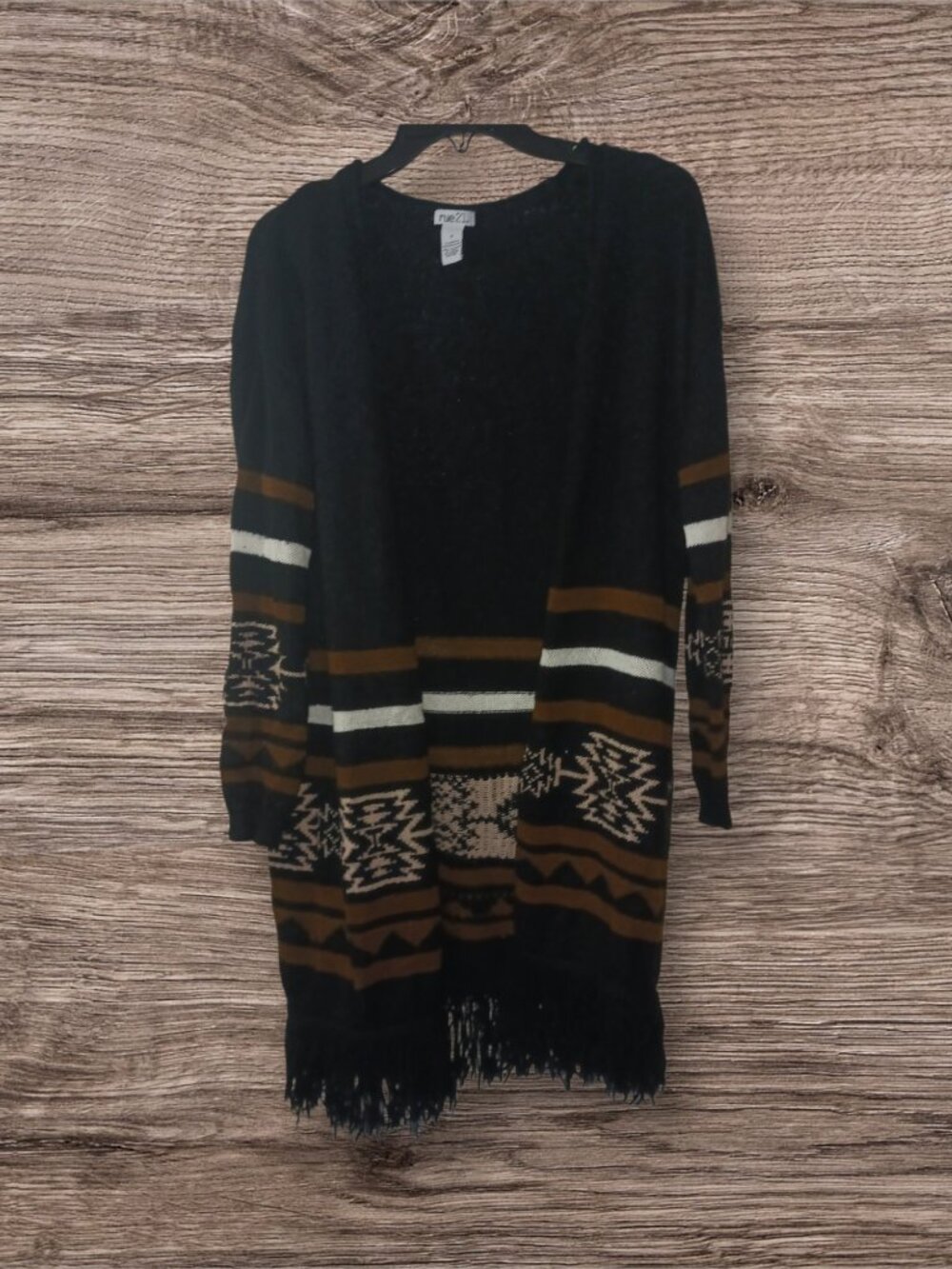 Rue21 Open Front Fringe Cardigan Sweater Size Small Black Brown Aztec